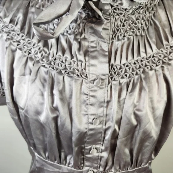 Attention Y2K Pewter Metallic Puff Sleeve Tie Neck Botton Up Blouse Size Large - Picture 3 of 8